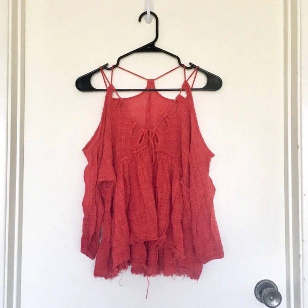 Free People One of a Kind Raw Hem Red/Pink Crinkle Strappy Drawstring Blouse Top